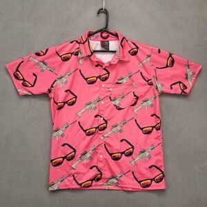 Oaf Nation Mens XL Button Up Shirt Pink Gun Sunglasses Print Short Sleeve